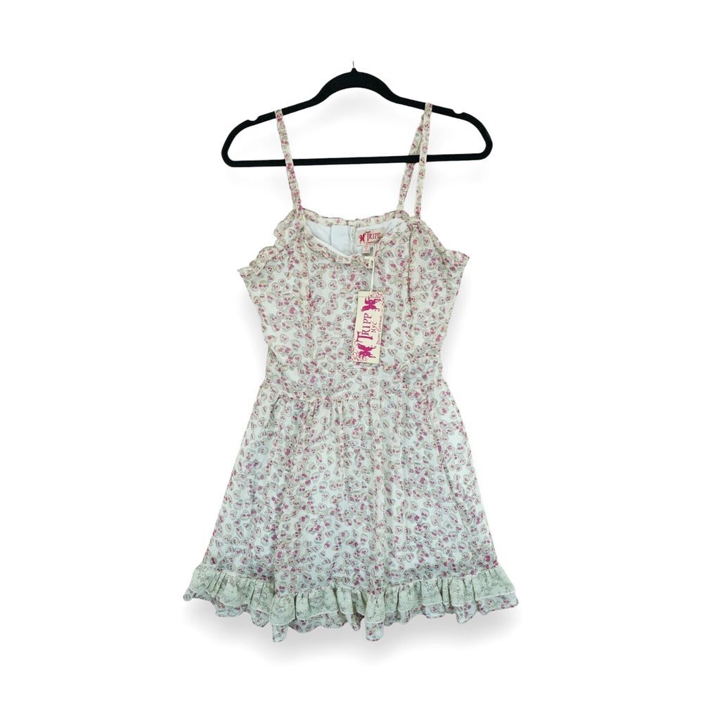 NWT Tripp NYC Y2K Indie Cream Pink Skull Short Chiffon‎ Ruffled Dress Size Large